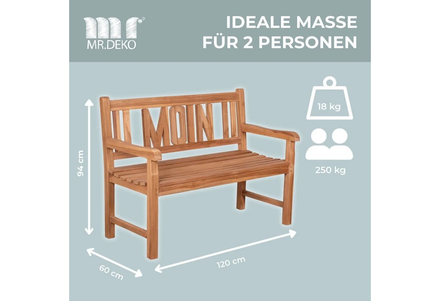 MR.DEKO Gartenbank Teak MOIN 2-Sitzer wetterfest - Bild 3