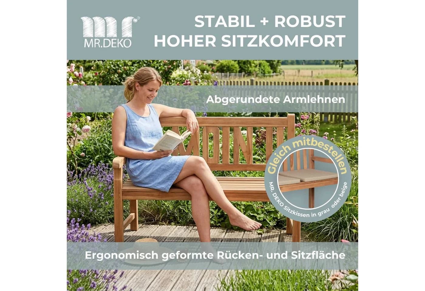 MR.DEKO Gartenbank Teak MOIN 2-Sitzer wetterfest - Bild 4
