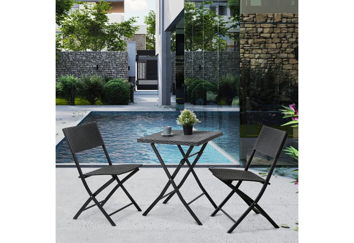 SVITA Bistroset LIMA 3-teilig Schwarz Polyrattan Klappbar - Bild 3