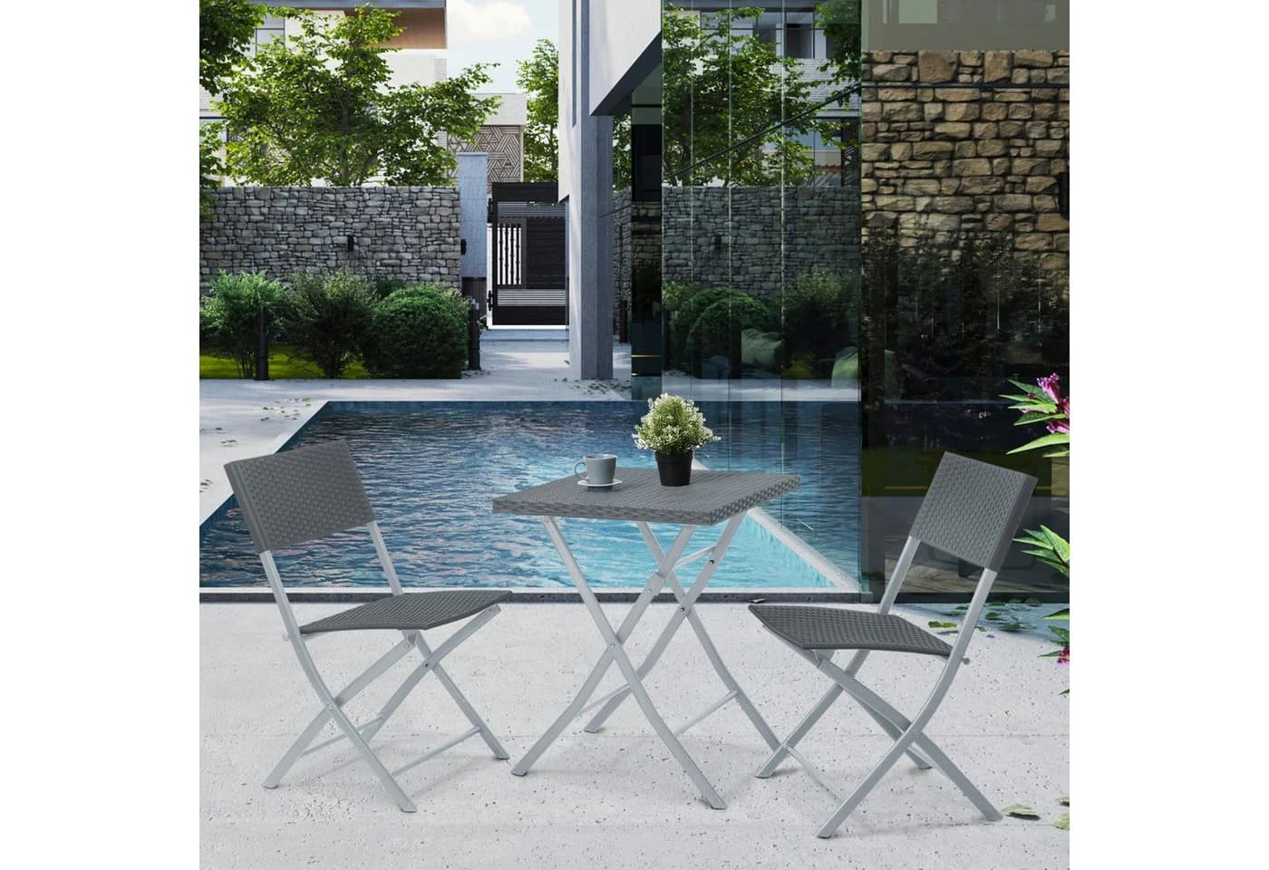 SVITA Bistroset 3-tlg. Grau Polyrattan Klappbar - Bild 3