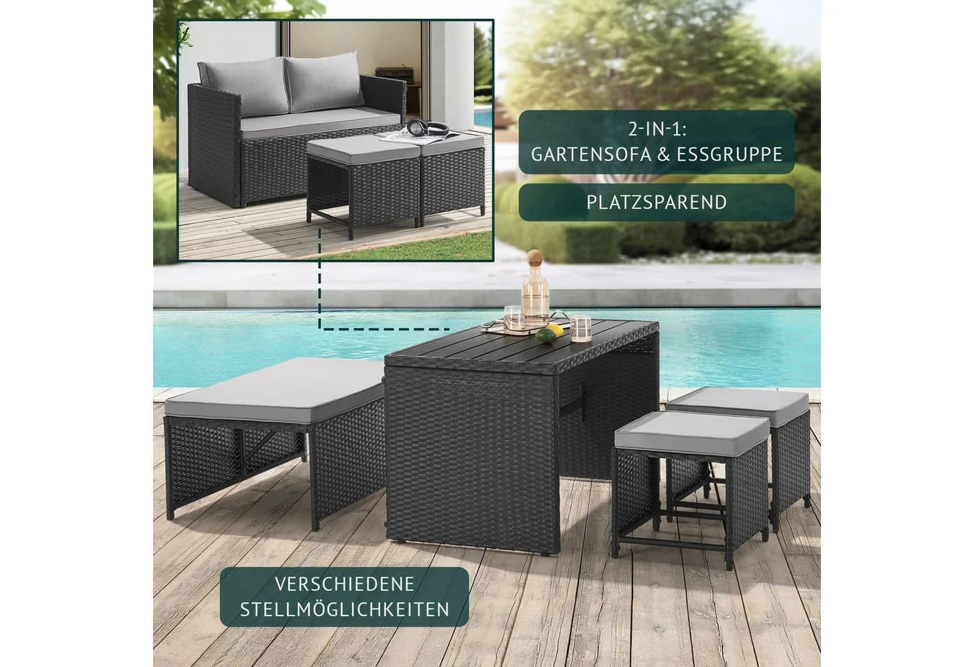 SVITA Gartenlounge-Set ATHINA Polyrattan Schwarz