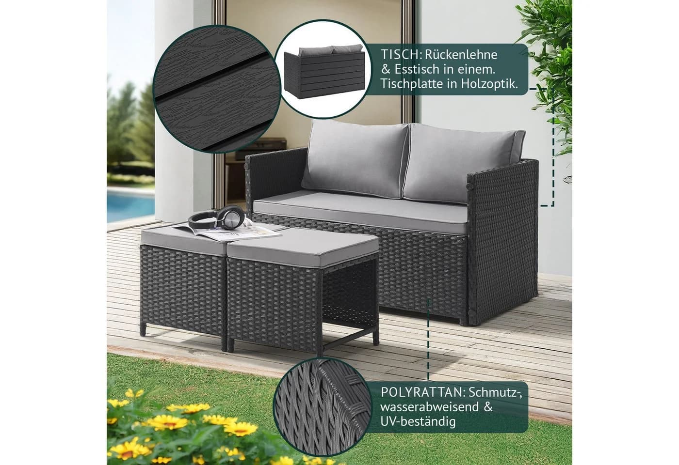SVITA Gartenlounge-Set ATHINA Polyrattan Schwarz - Bild 3