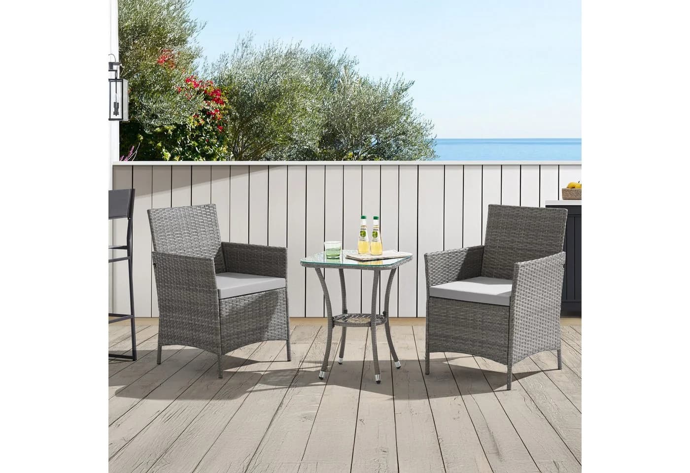 SVITA Balkonset BROOKLYN BISTRO Grau 3-tlg. Polyrattan mit Kissen