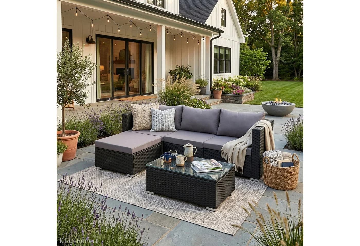 SVITA Loungeset QUEENS 5-tlg. Gartenlounge Grau Schwarz Polyrattan