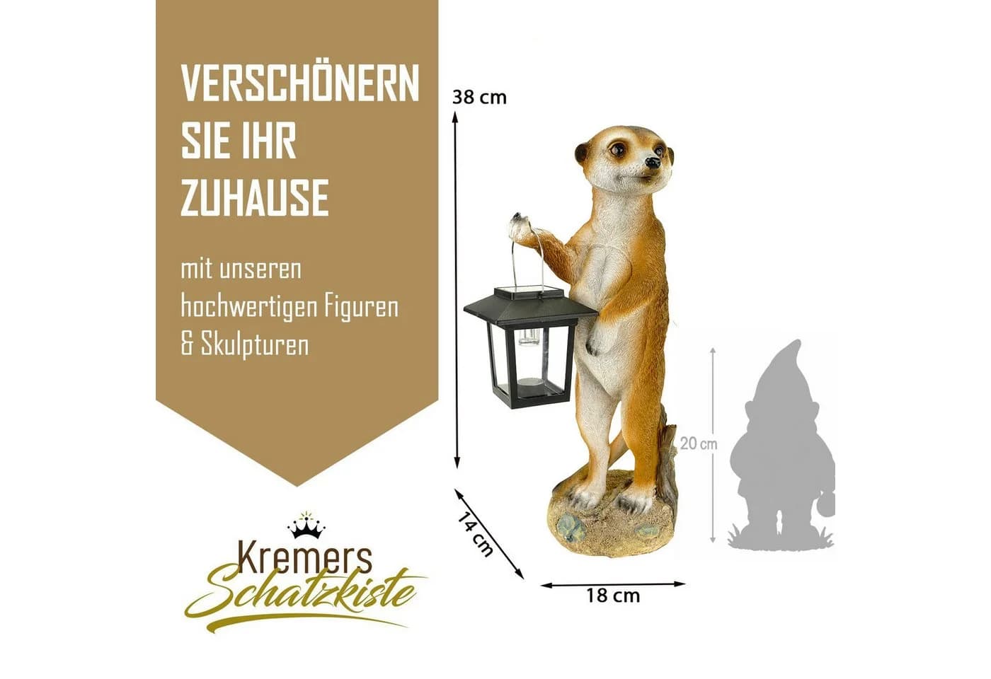 Kremers Schatzkiste Erdmännchen Eddy Gartenfigur mit Solarlaterne - Bild 3