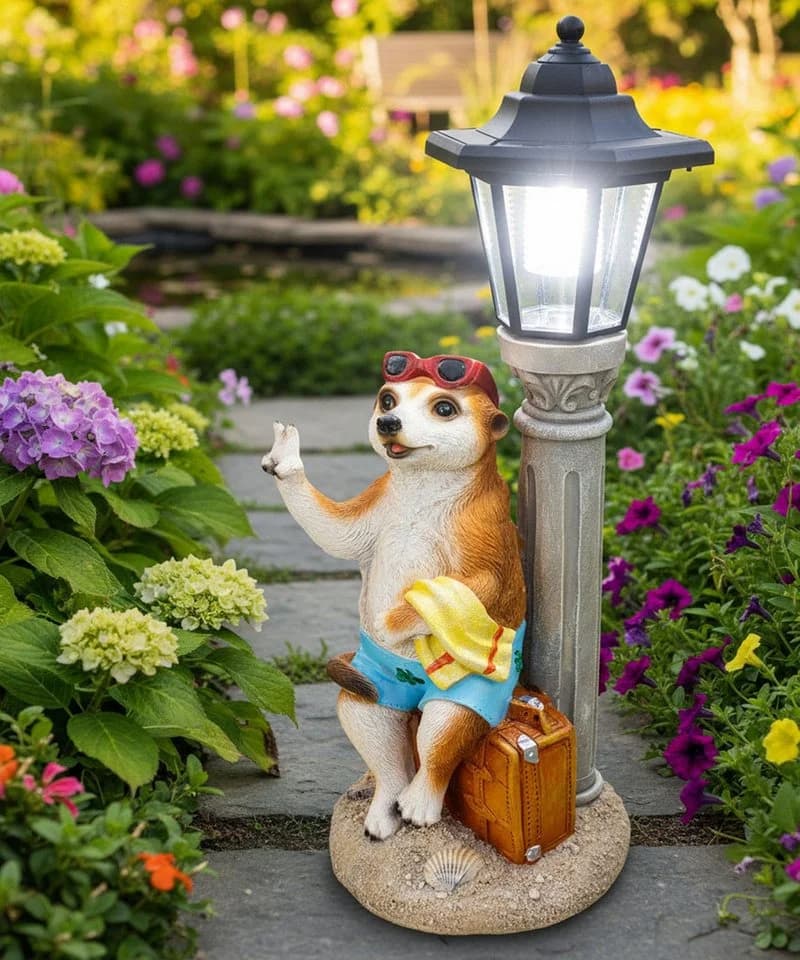 Kremers Schatzkiste Gartenfigur Erdmännchen Urlauber mit Solarlaterne