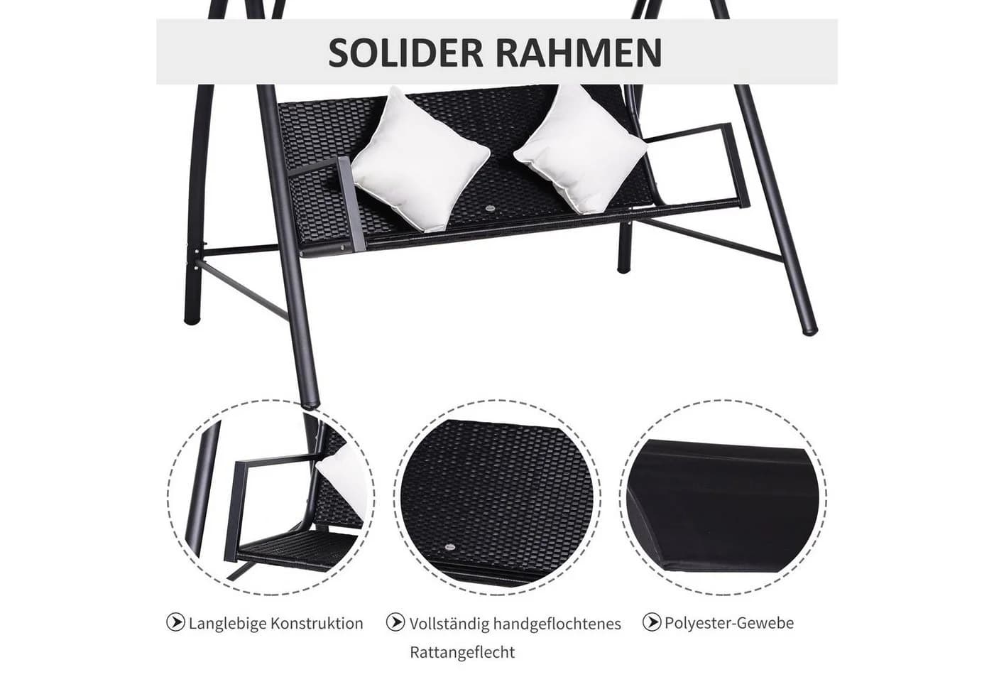 Outsunny Hollywoodschaukel 3-Sitzer Schwarz mit Kissen - Bild 5