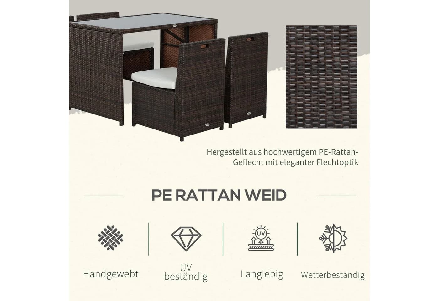 Outsunny 5-tlg. Garten-Sitzgruppe Polyrattan Braun mit Kissen - Bild 4