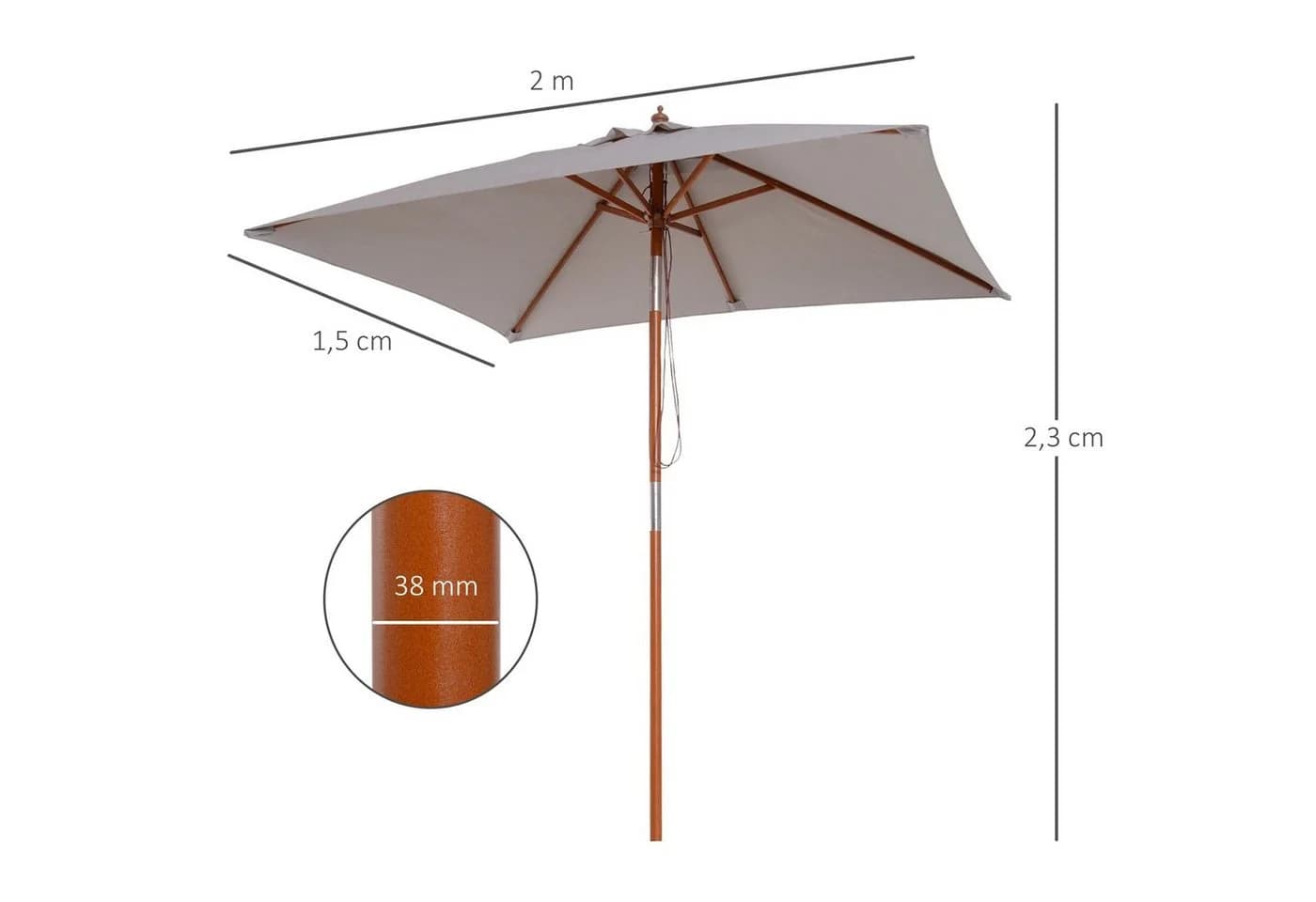 Outsunny Sonnenschirm 200x150 cm rechteckig Strandschirm 3-stufig einstellbar - Bild 3
