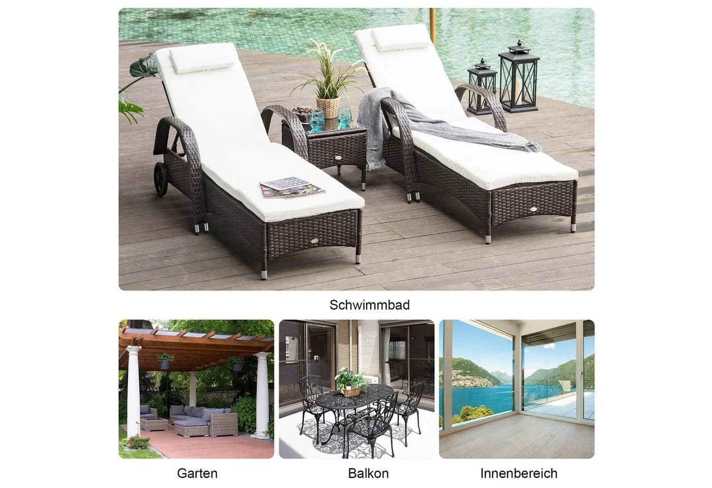 Outsunny Gartenmöbel-Set 3-tlg. Metall, PE Polyrattan, Hartglas, Polyester - Bild 4