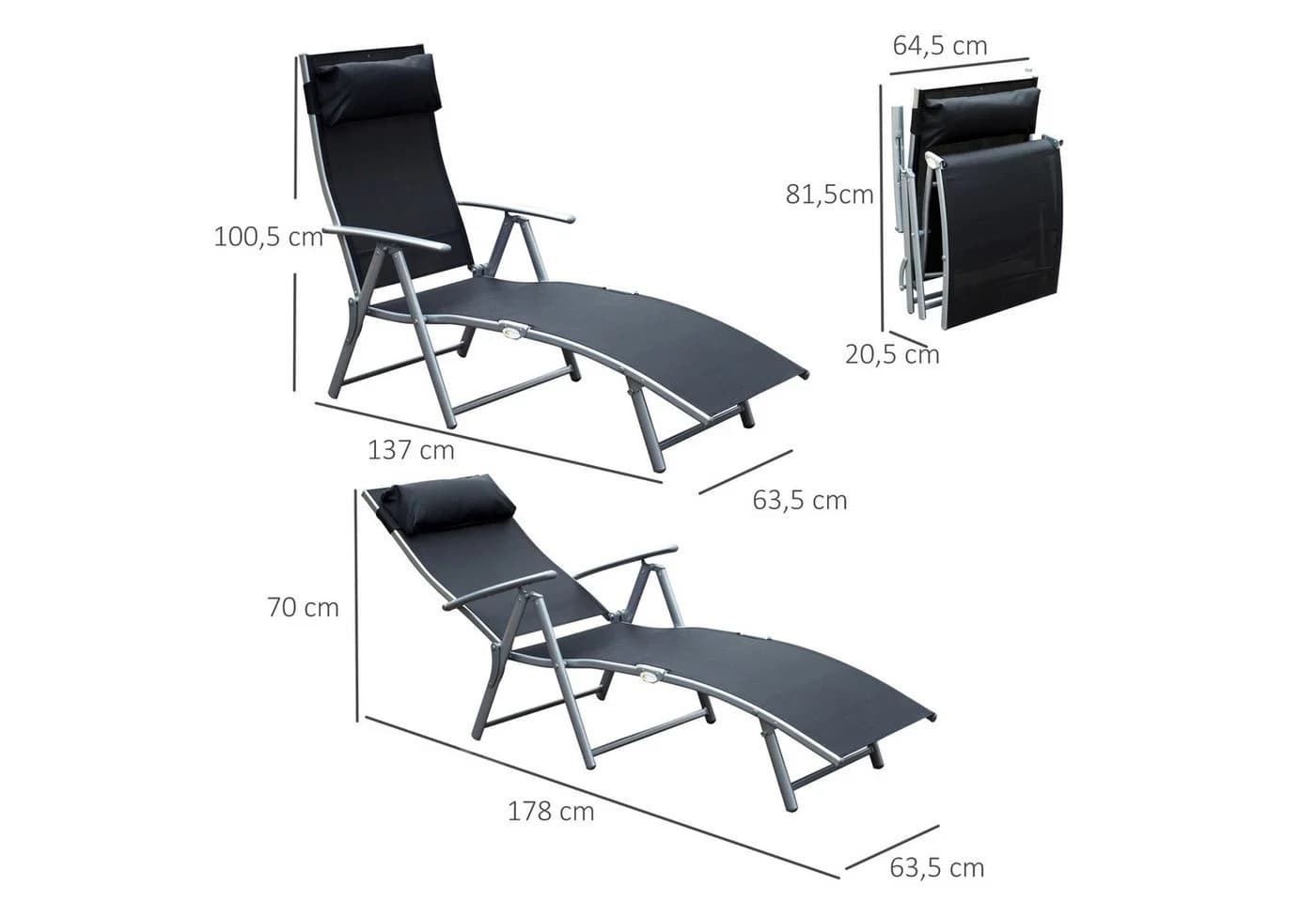 Outsunny Gartenliege Schwarz Metall 7-fach verstellbar mit Kopfkissen - Bild 3