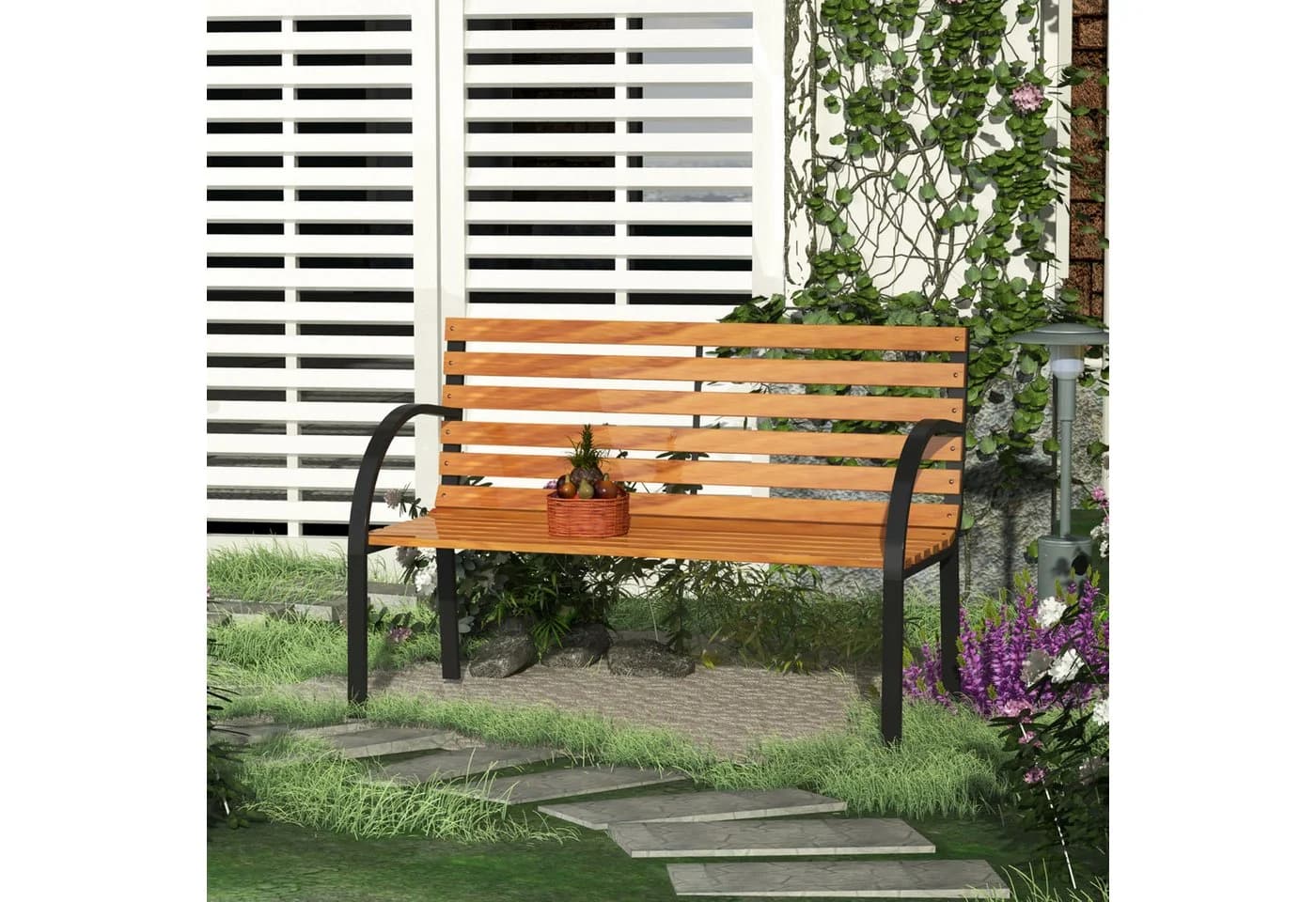 Outsunny Parkbank 2-Sitzer Gartenbank Stahl Kiefernholz Natur - Bild 2