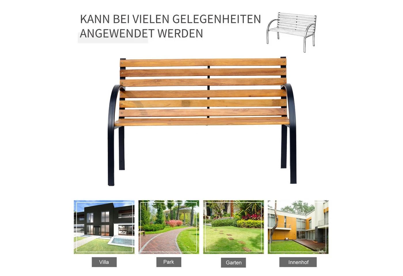 Outsunny Parkbank 2-Sitzer Gartenbank Stahl Kiefernholz Natur - Bild 4