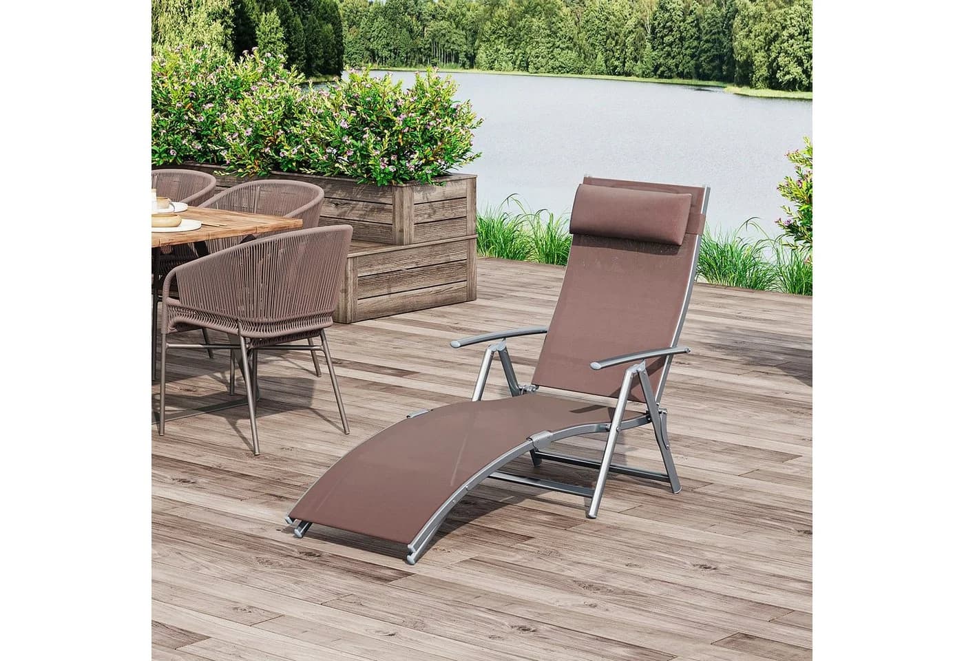 Outsunny Gartenliege Metall Braun mit verstellbarer Rückenlehne und Kissen - Bild 2