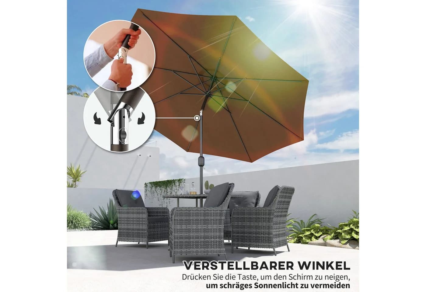 Outsunny Sonnenschirm Knickschirm mit Handkurbel Braun/Schwarz - Bild 4