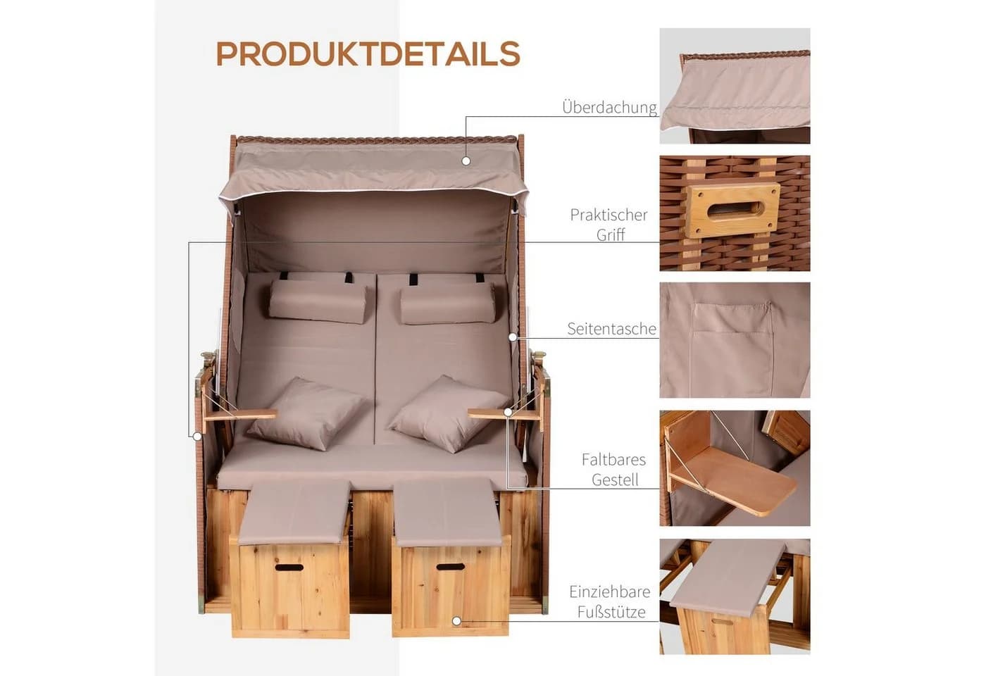 Outsunny Strandkorb Volllieger 2-Sitzer Beige Braun - Bild 5