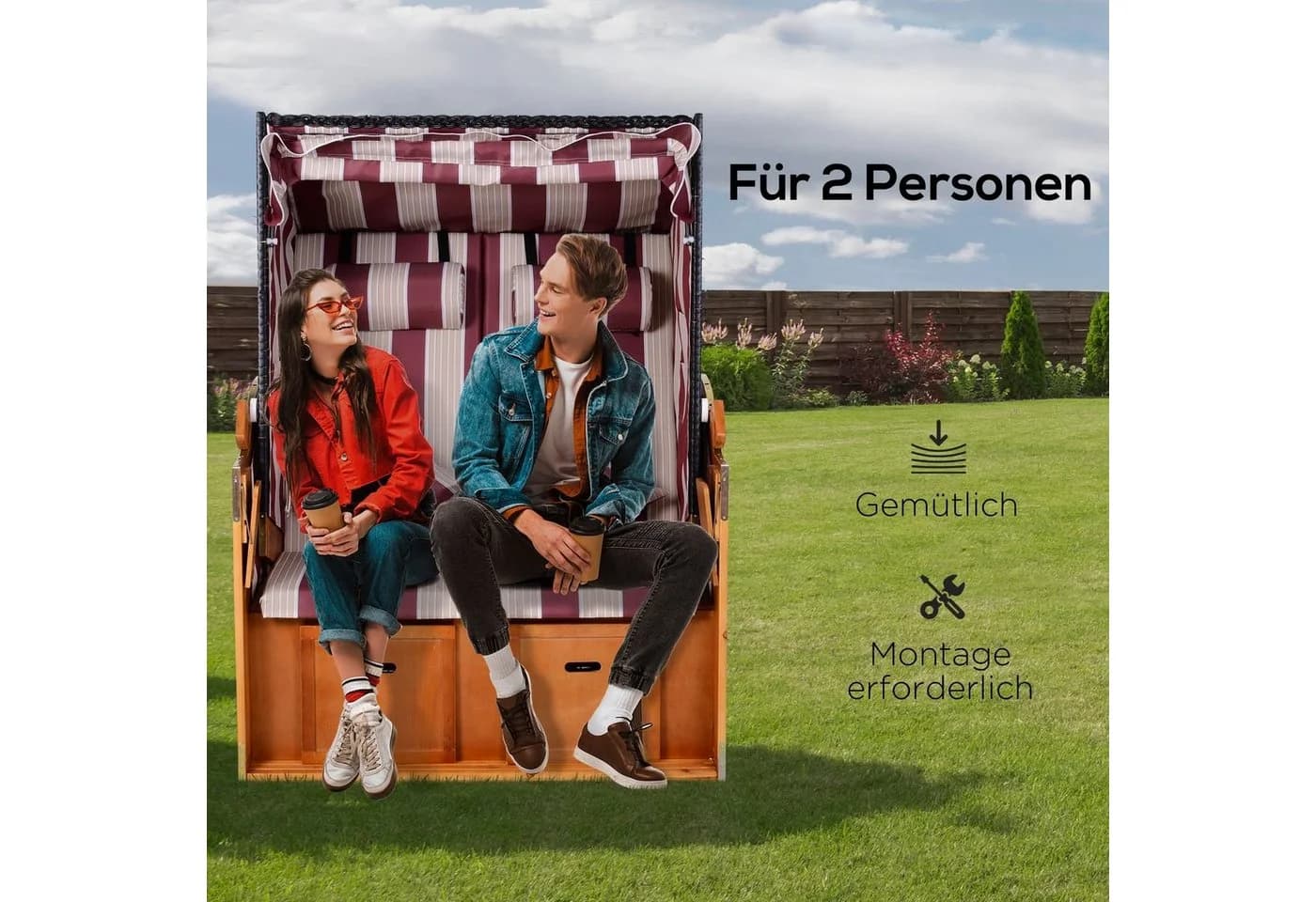 Outsunny Strandkorb Doppelte Sonnenliege mit Dach und Getränkehaltern - Bild 5