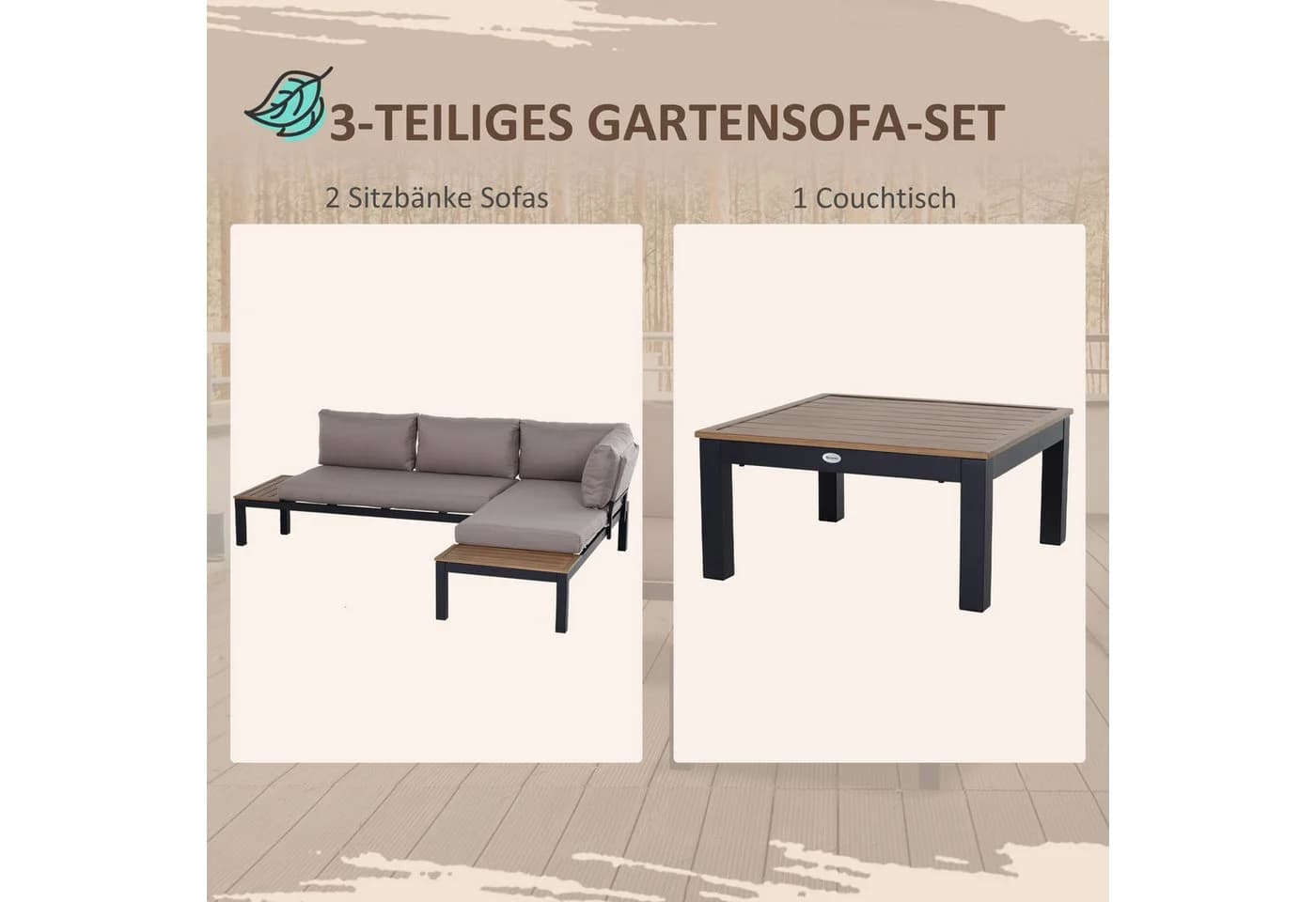 Outsunny 3-teiliges Gartenmöbel-Set Aluminium Grau Beige mit Kissen - Bild 4