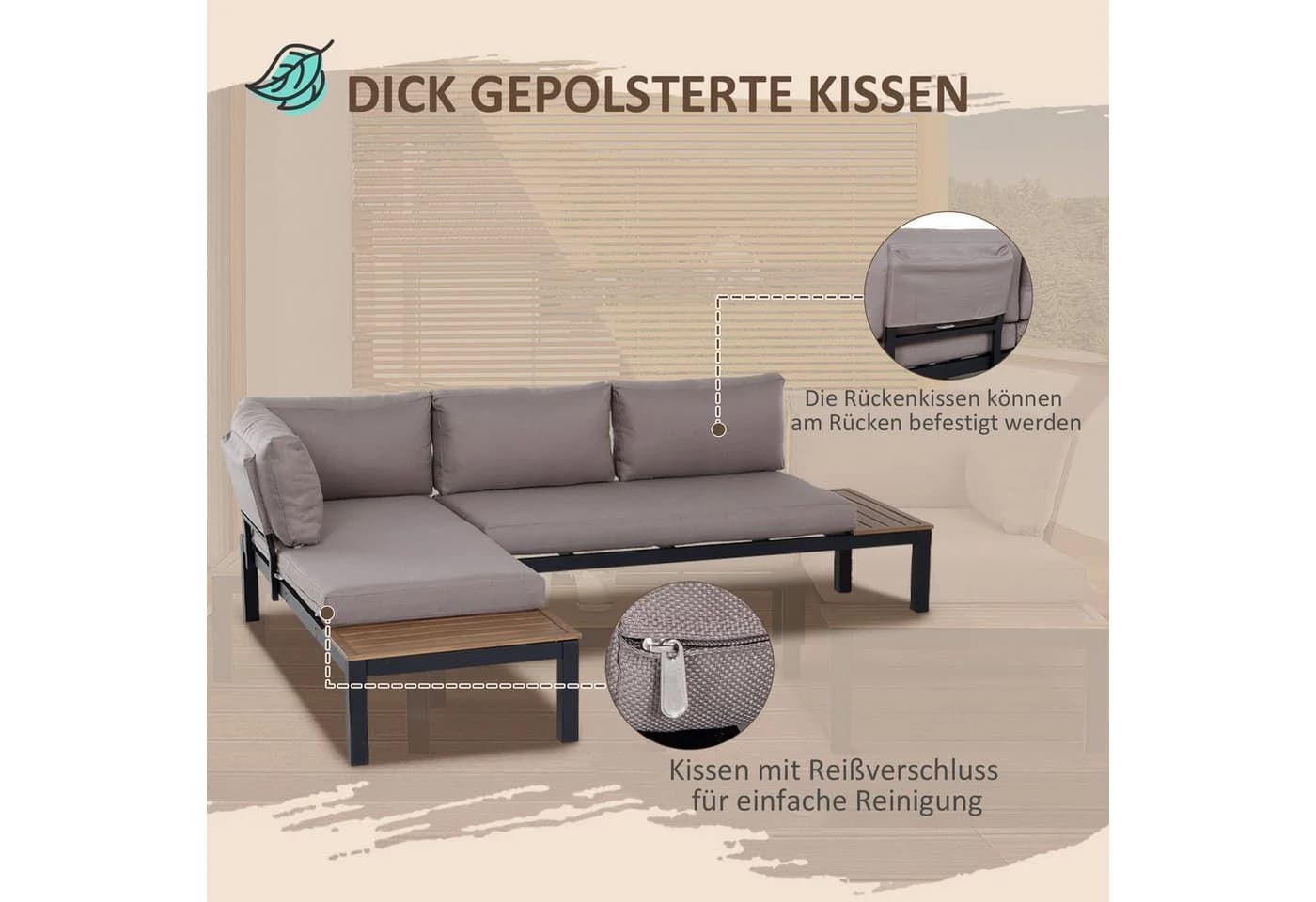 Outsunny 3-teiliges Gartenmöbel-Set Aluminium Grau Beige mit Kissen - Bild 5