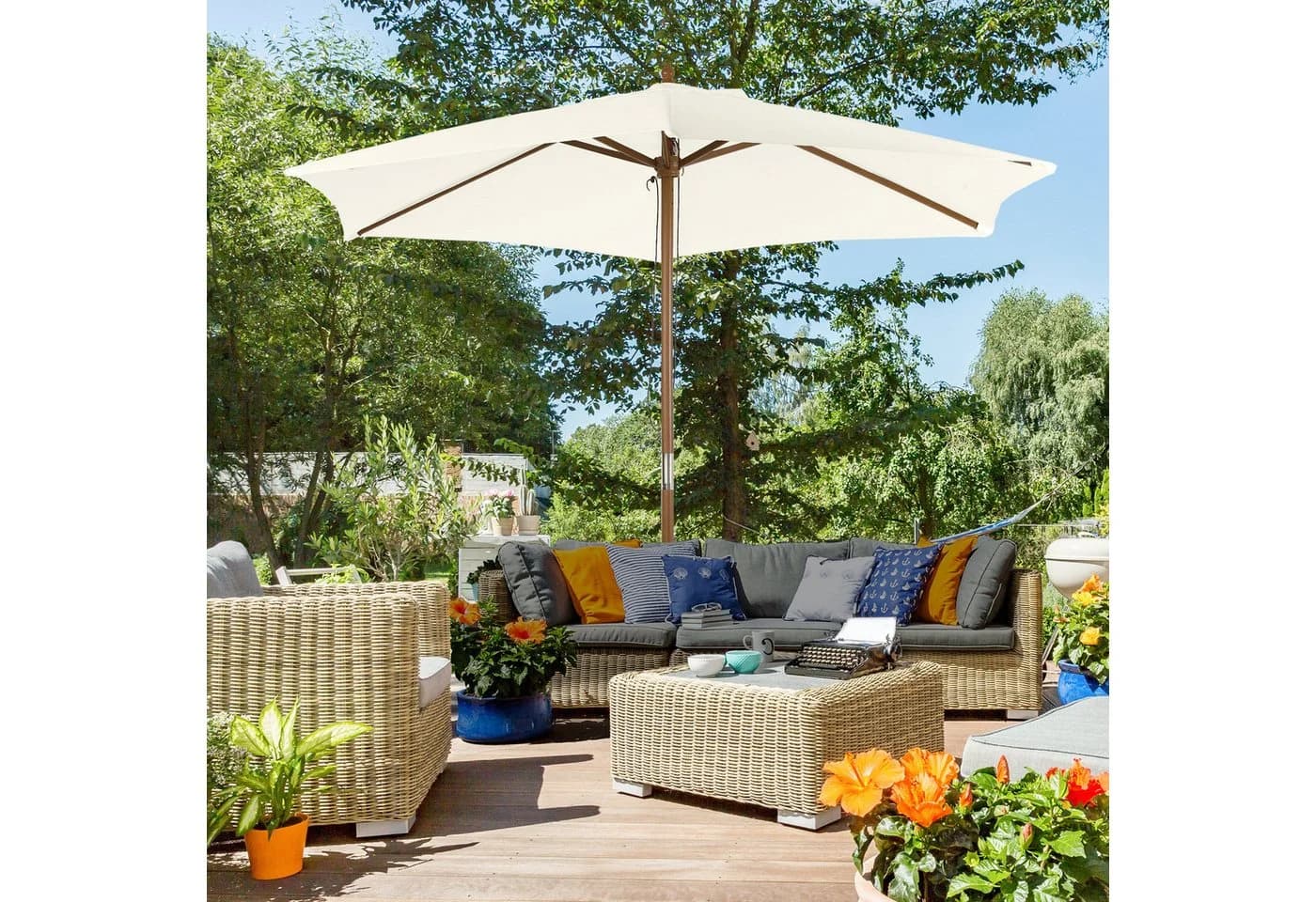 Outsunny Sonnenschirm 2,5m Bambus Seilzugmechanismus Balkon Terrasse Garten - Bild 2