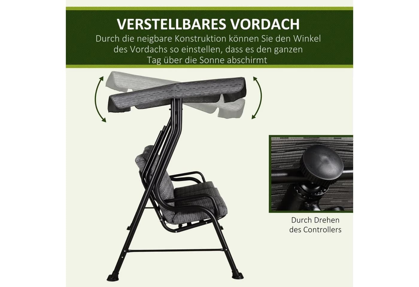 Outsunny Hollywoodschaukel 3-Sitzer mit Sonnendach Schwarz - Bild 4