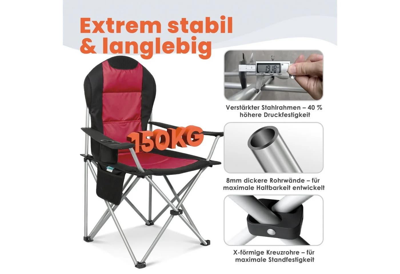 HOMECALL Campingstuhl Hochlehner Klappstuhl Rot Gepolstert