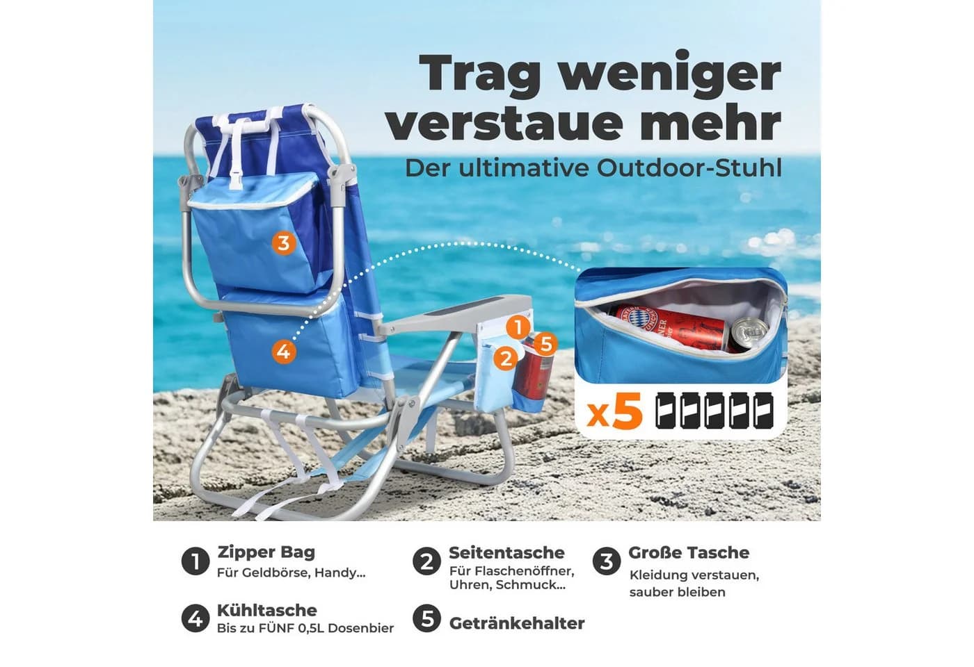 HOMECALL Klappstuhl Strandstuhl Leicht 2 St. Blau Aluminium - Bild 4