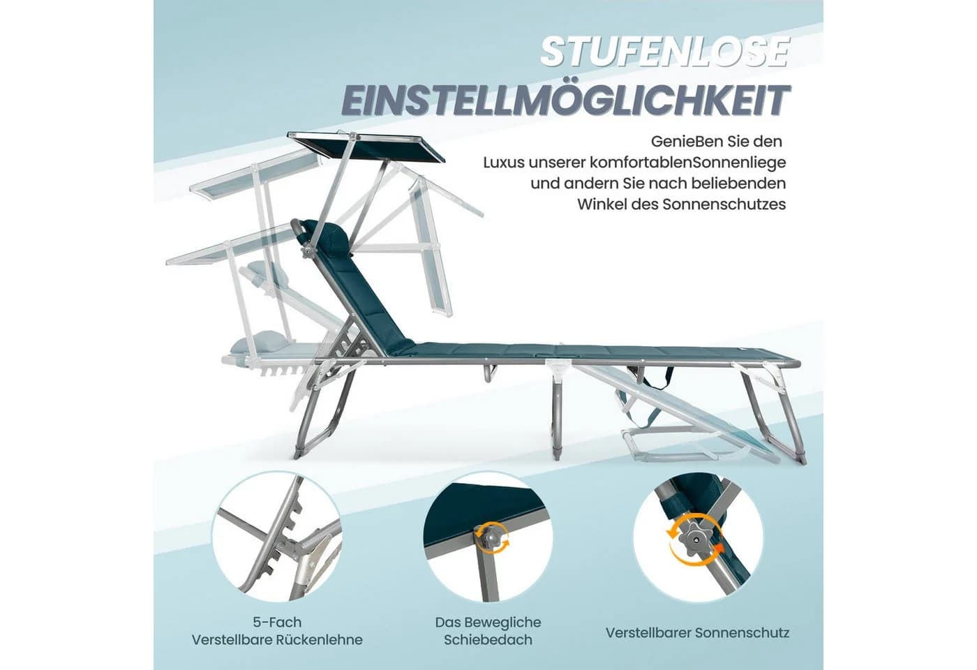 HOMECALL Gartenliege Sonnenliege Klappbar Aluminium Ozeanblau - Bild 3