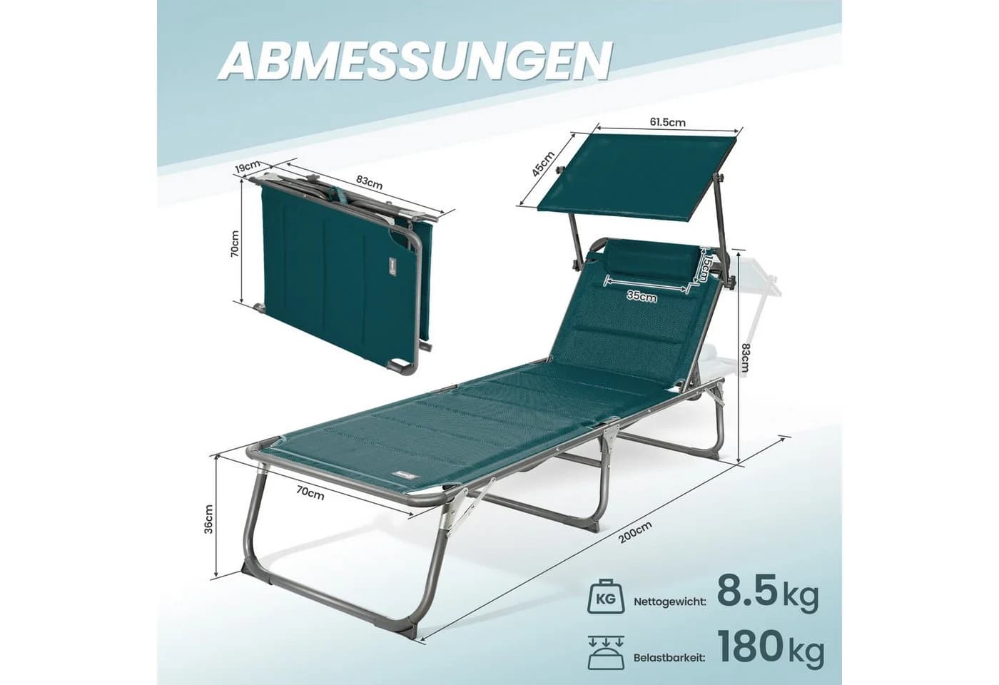 HOMECALL Gartenliege Sonnenliege Klappbar Aluminium Ozeanblau - Bild 4