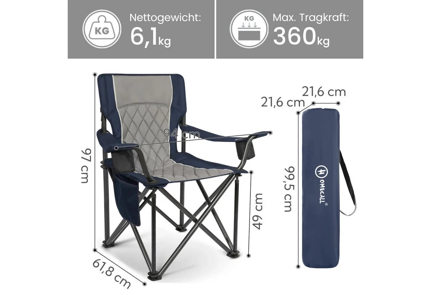 HOMECALL XXL Campingstuhl Blau Gepolstert 360kg Belastbar Faltbar