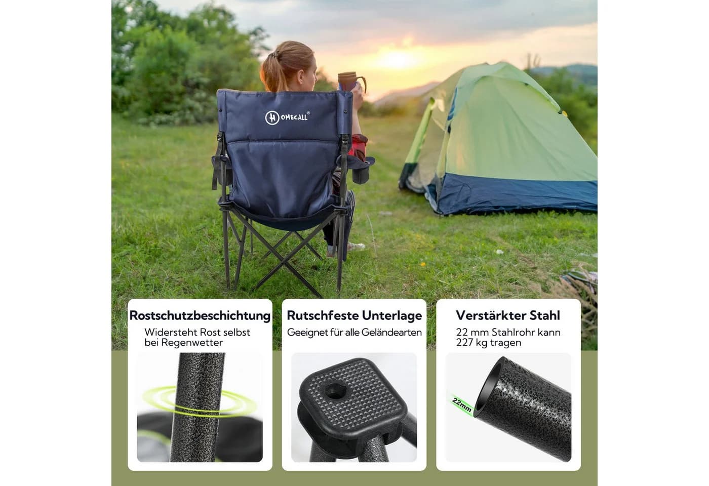 HOMECALL XXL Campingstuhl Blau Gepolstert 360kg Belastbar Faltbar - Bild 3
