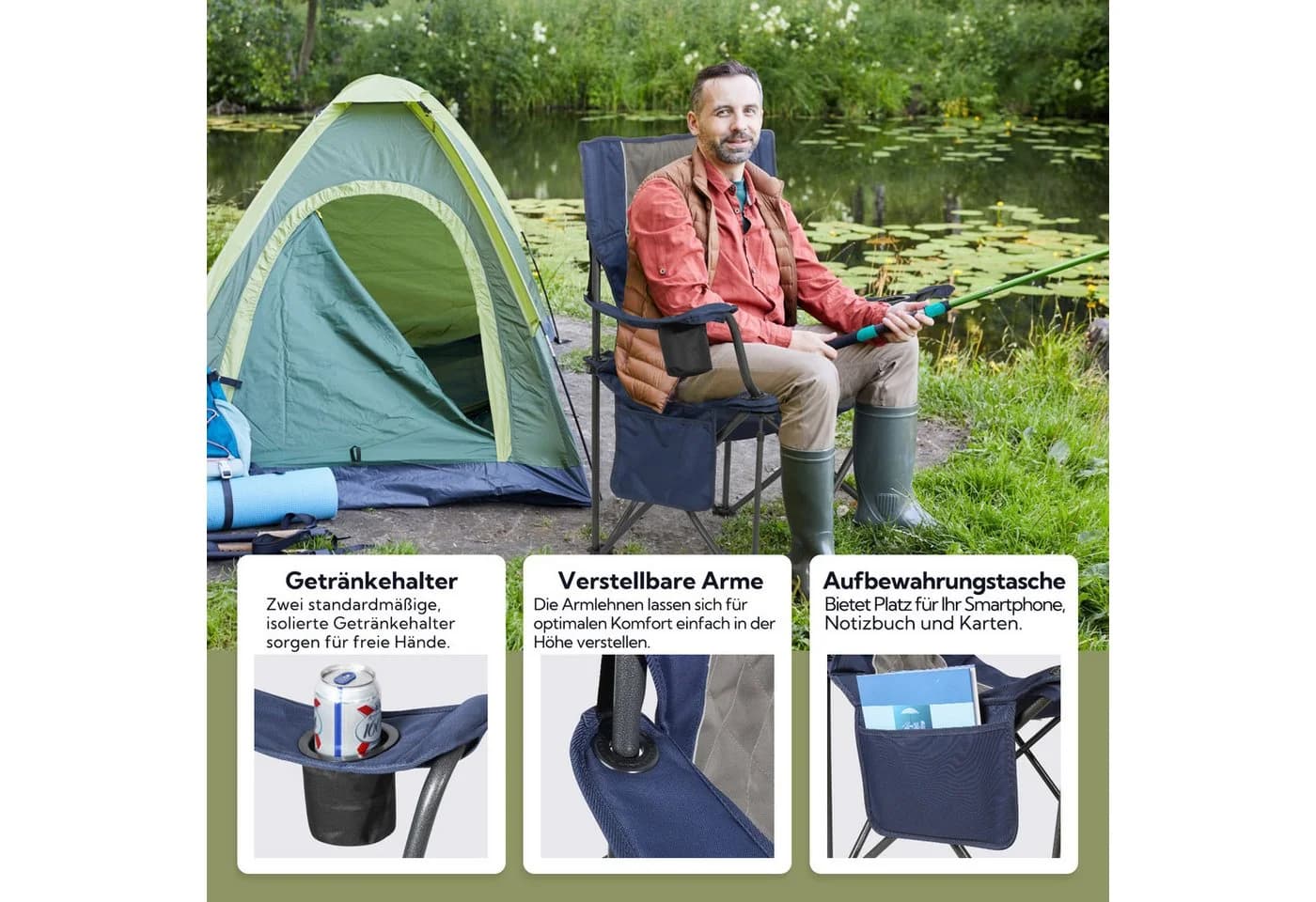 HOMECALL XXL Campingstuhl Blau Gepolstert 360kg Belastbar Faltbar - Bild 4