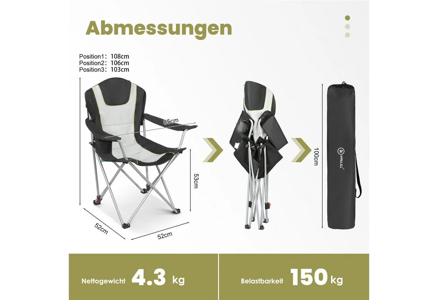 HOMECALL Campingstuhl Klappbar Schwarz 150kg Belastbar - Bild 4