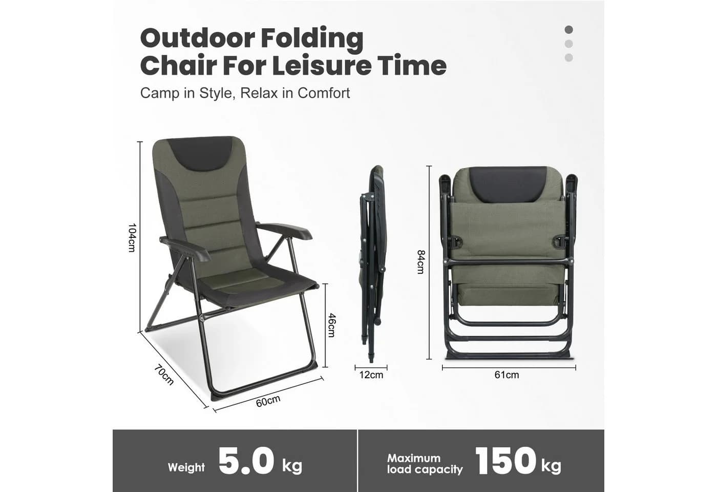 HOMECALL Campingstuhl 2er Set Grün/Schwarz Verstellbar Gepolstert - Bild 3
