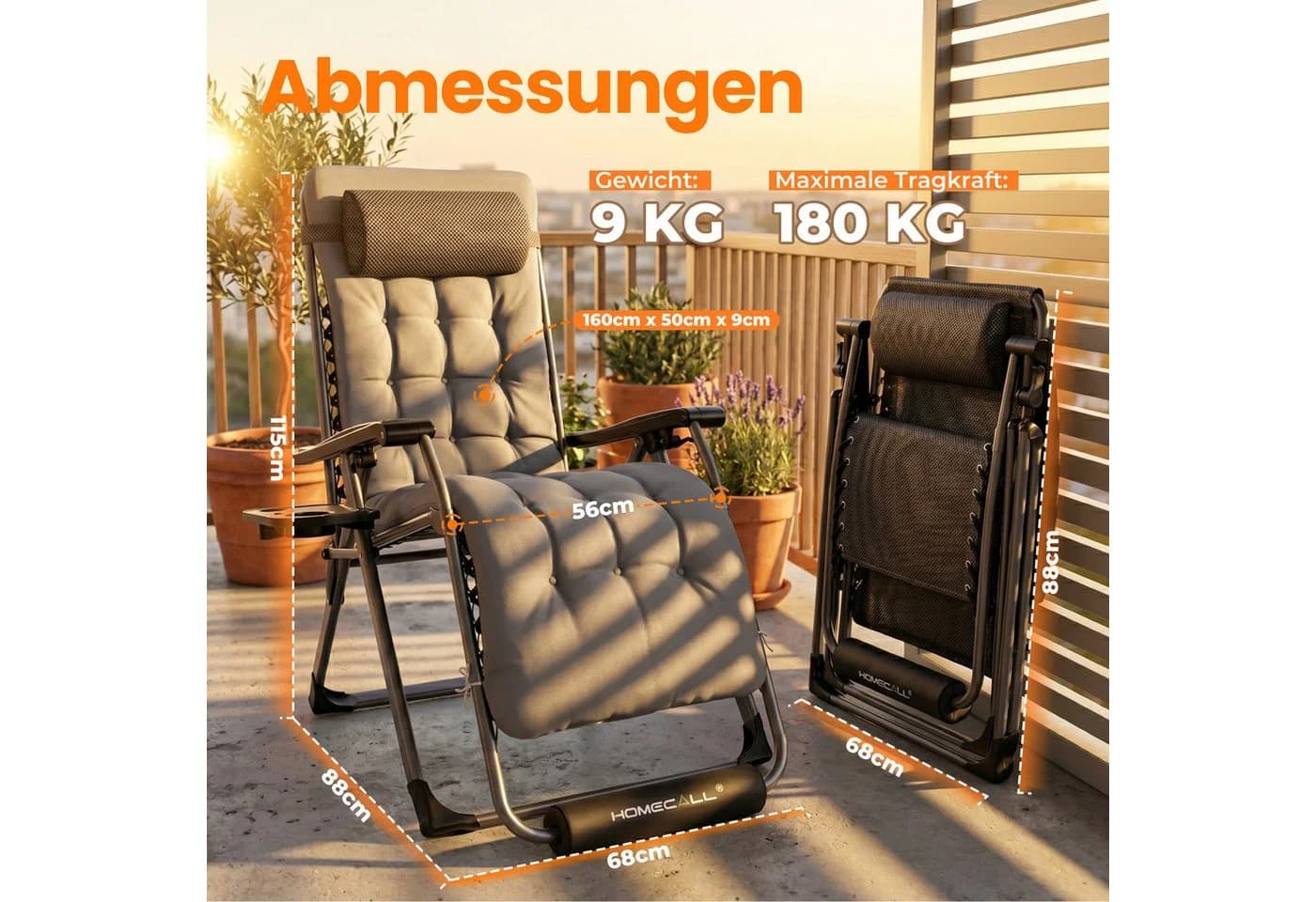 HOMECALL Gartenliege Klappbar Grau Zero Gravity