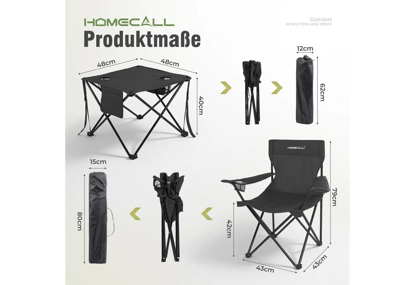HOMECALL Campingstuhl und Tisch Set Schwarz Klappbar