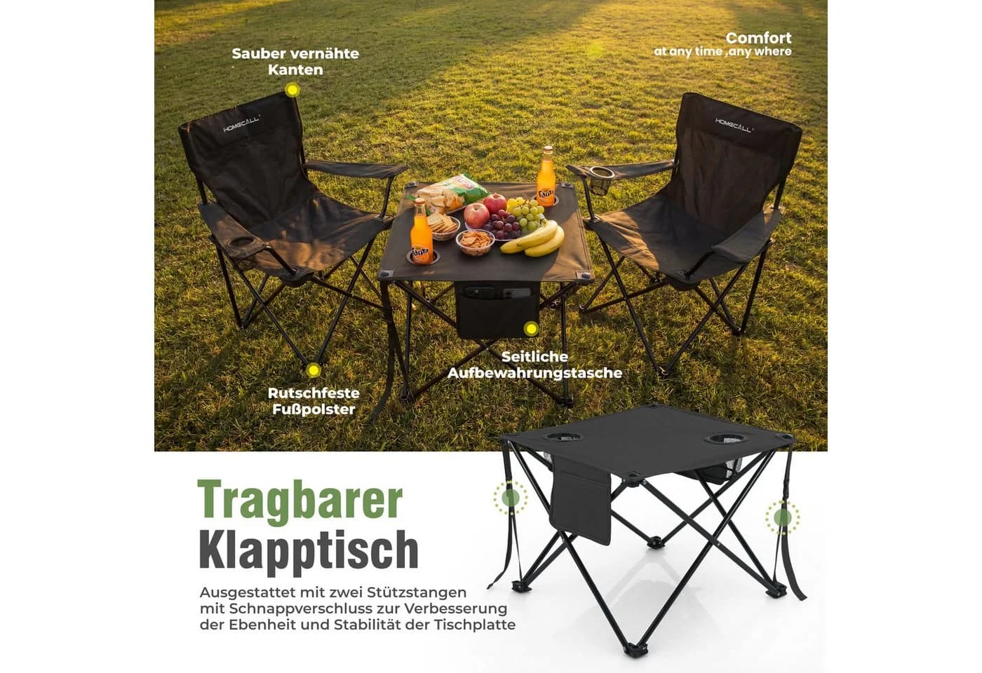 HOMECALL Campingstuhl und Tisch Set Schwarz Klappbar - Bild 4