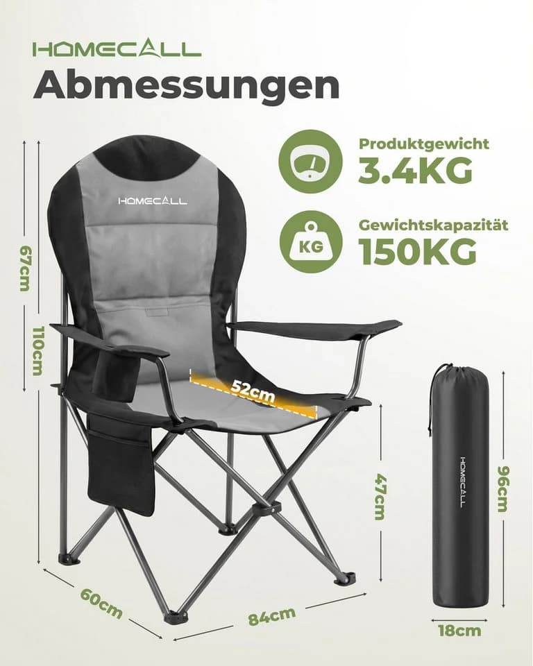HOMECALL Campingstuhl Hochlehner Grau mit Lendenwirbelstütze