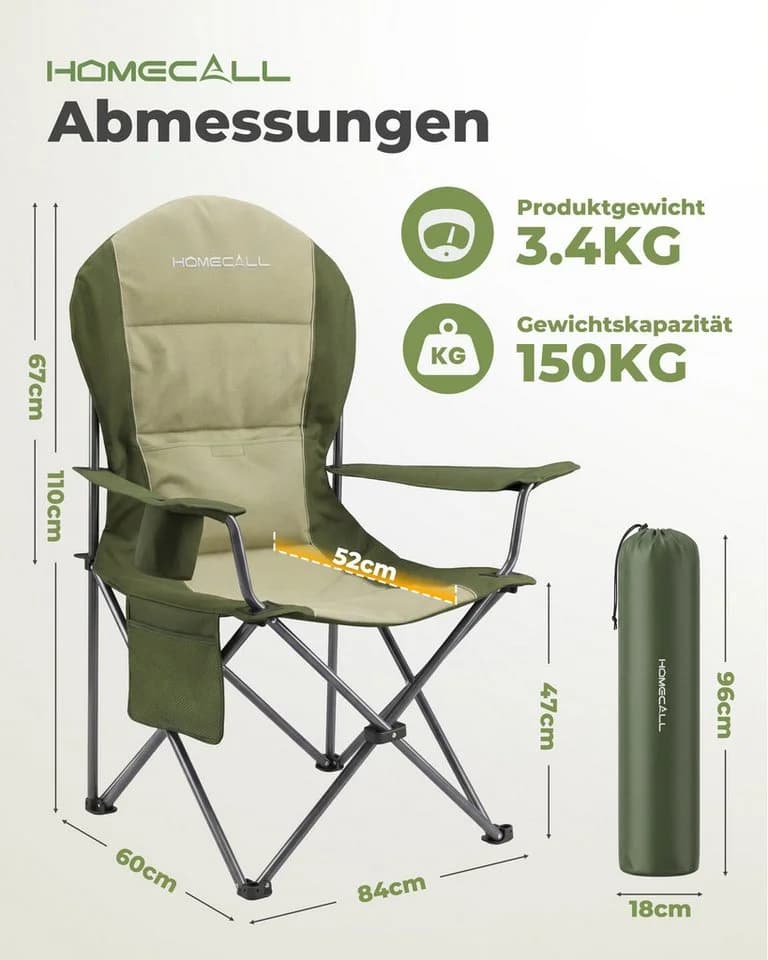 HOMECALL Campingstuhl Hochlehner 110cm Grün mit Lendenwirbelstütze