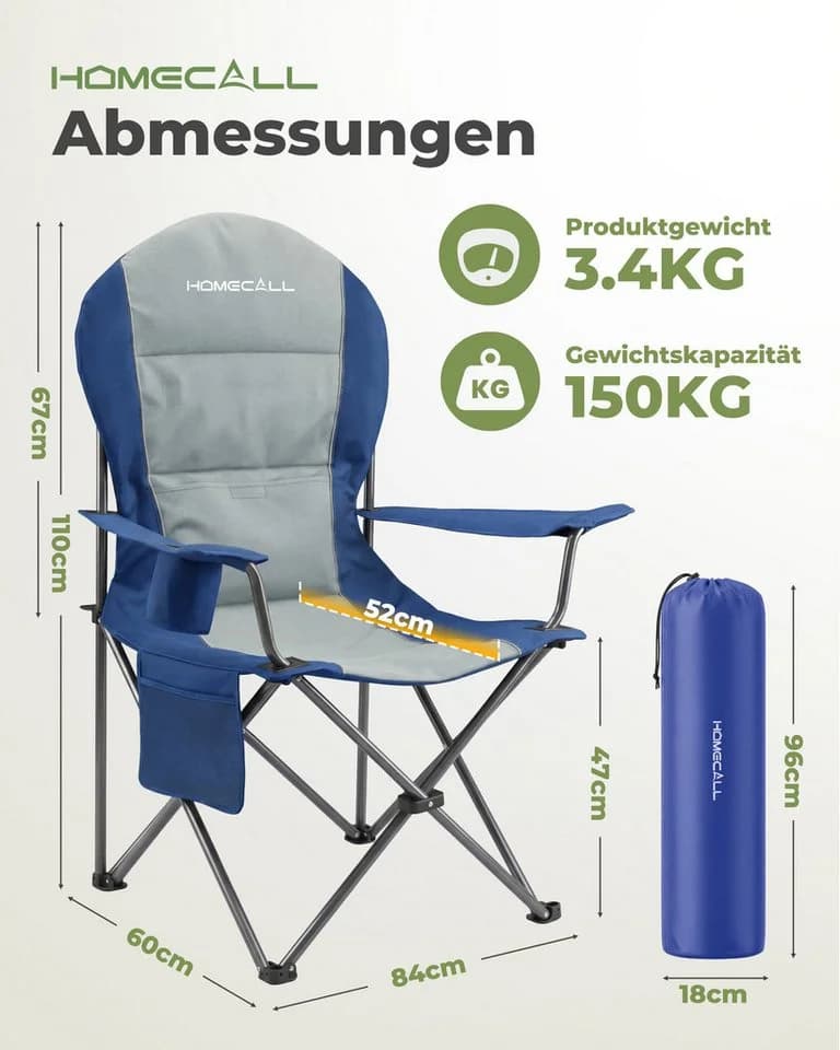 HOMECALL Campingstuhl Hochlehner 110cm Blau mit Lendenwirbelstütze