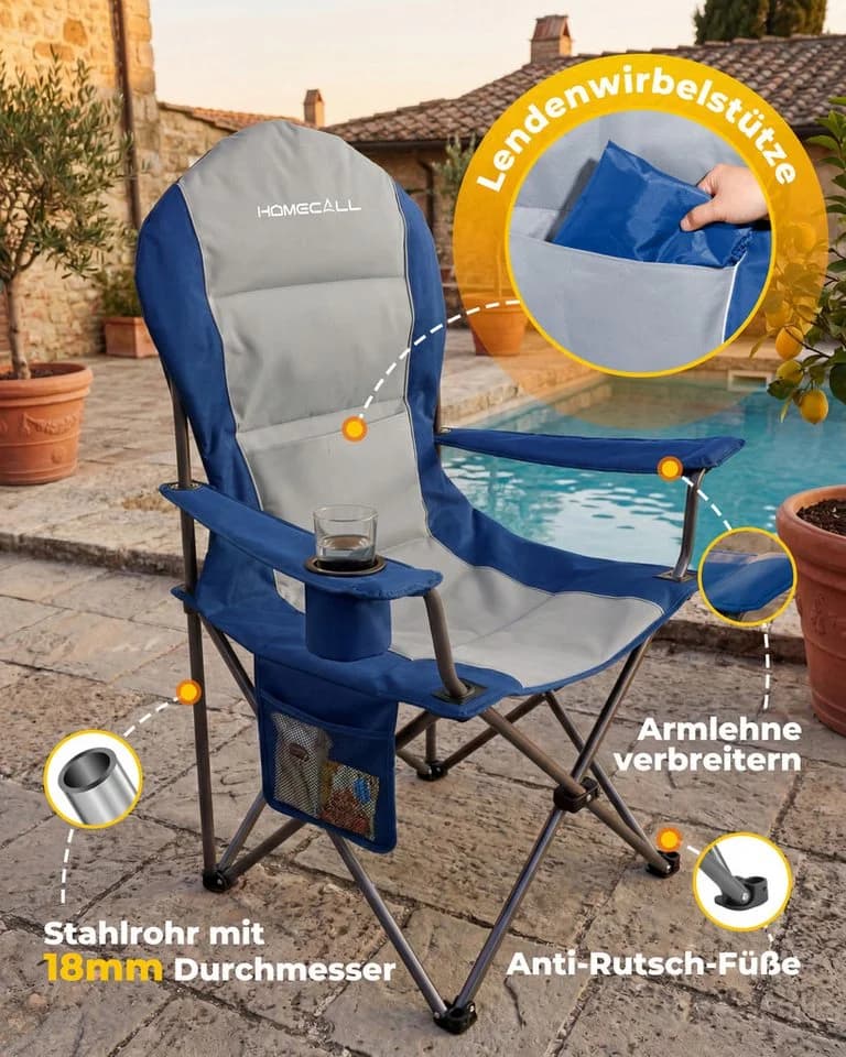 HOMECALL Campingstuhl Hochlehner 110cm Blau mit Lendenwirbelstütze - Bild 4