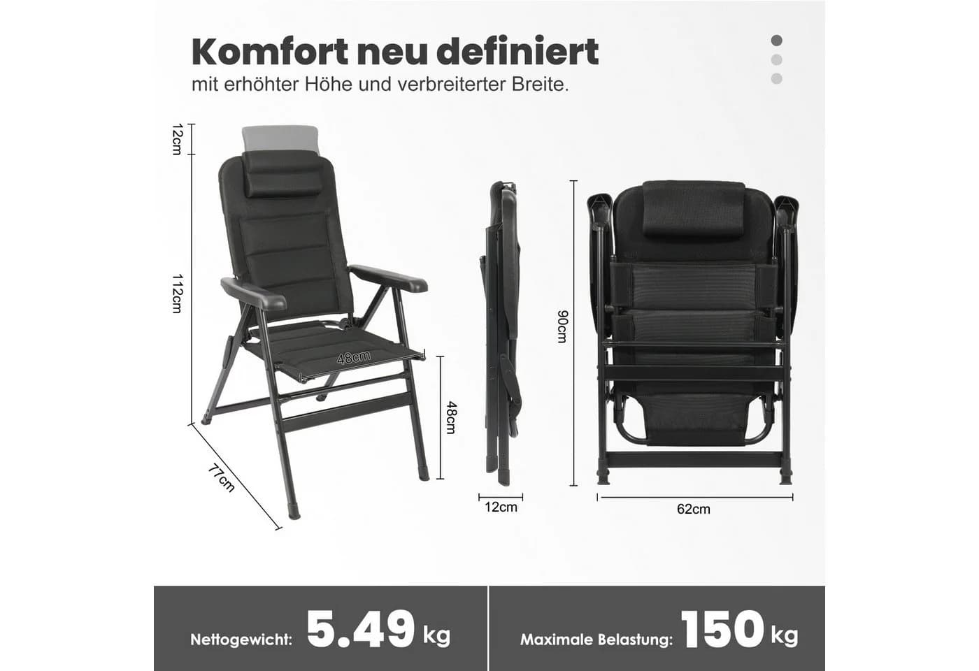 HOMECALL Klappstuhl Hochlehner Campingstuhl Gartenstuhl Gepolstert Faltstuhl Balkonstuhl 150 KG Belastbar Erstellbare Kopfstutze Anglerstuhl,Groß und Hoch, 1 St
