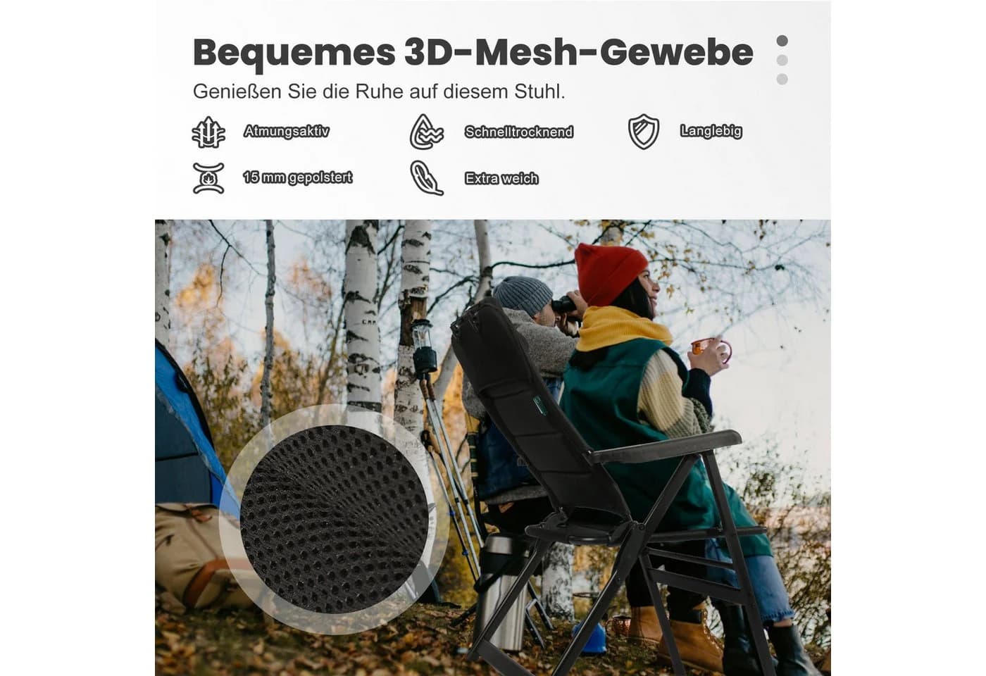 HOMECALL Klappstuhl Hochlehner Campingstuhl Gartenstuhl Gepolstert Faltstuhl Balkonstuhl 150 KG Belastbar Erstellbare Kopfstutze Anglerstuhl,Groß und Hoch, 1 St - Bild 4