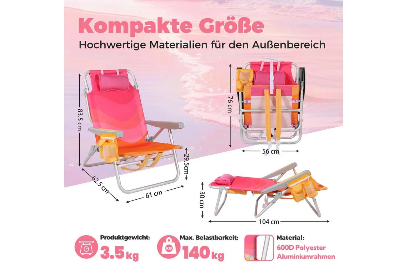 HOMECALL Klappstuhl Strandstuhl Rosa Aluminium