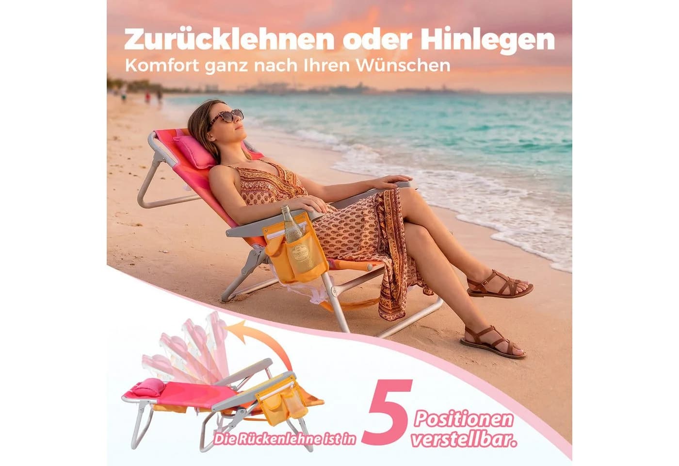 HOMECALL Klappstuhl Strandstuhl Rosa Aluminium - Bild 3