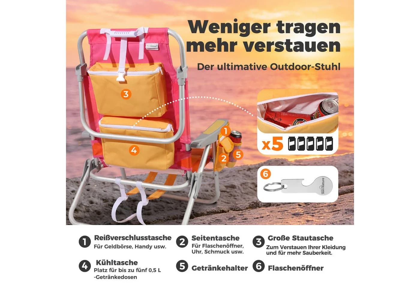 HOMECALL Klappstuhl Strandstuhl Rosa Aluminium - Bild 4