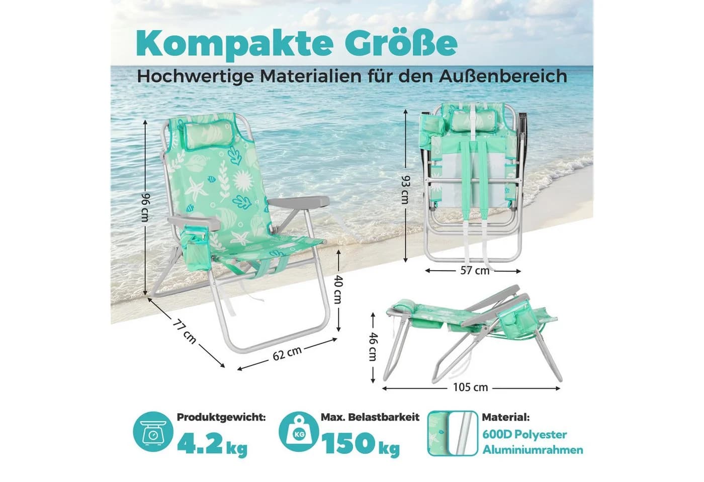 HOMECALL Klappstuhl Strandstuhl Aluminium 5-fach verstellbar Mint