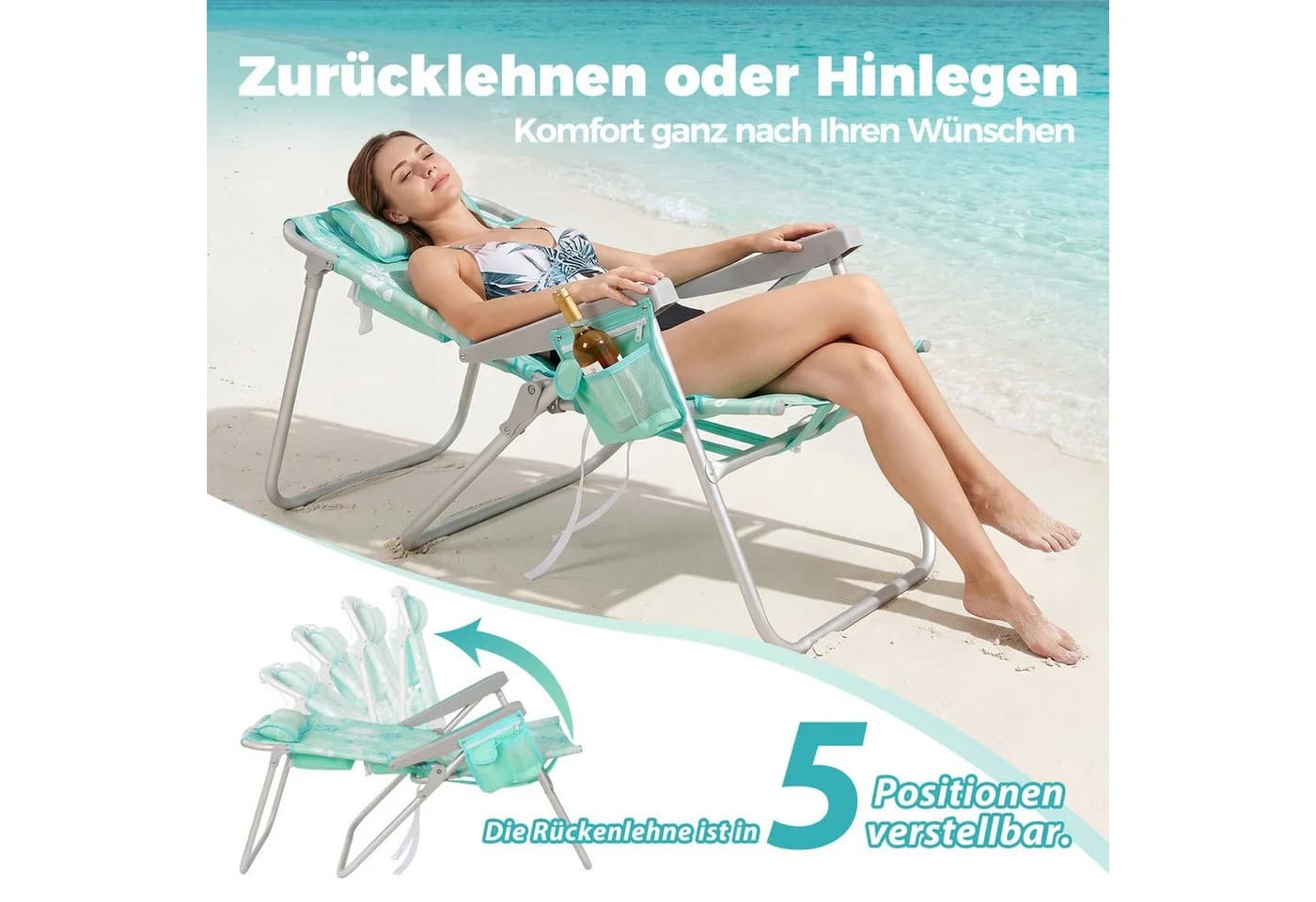 HOMECALL Klappstuhl Strandstuhl Aluminium 5-fach verstellbar Mint - Bild 3