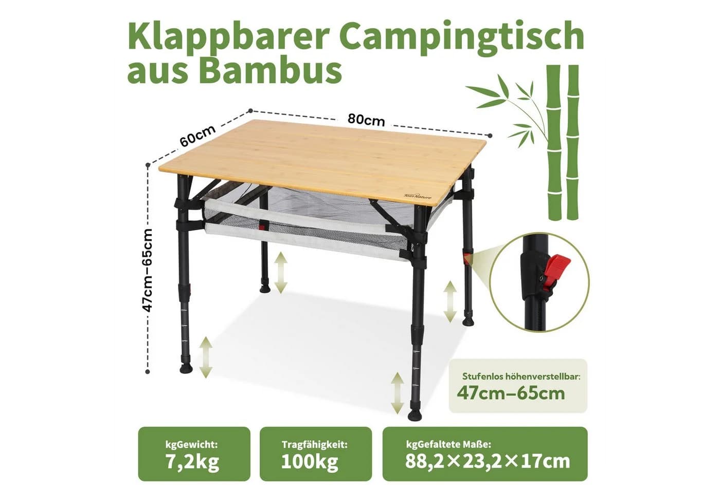 HOMECALL Klapptisch Bambus Camping-Tisch höhenverstellbar
