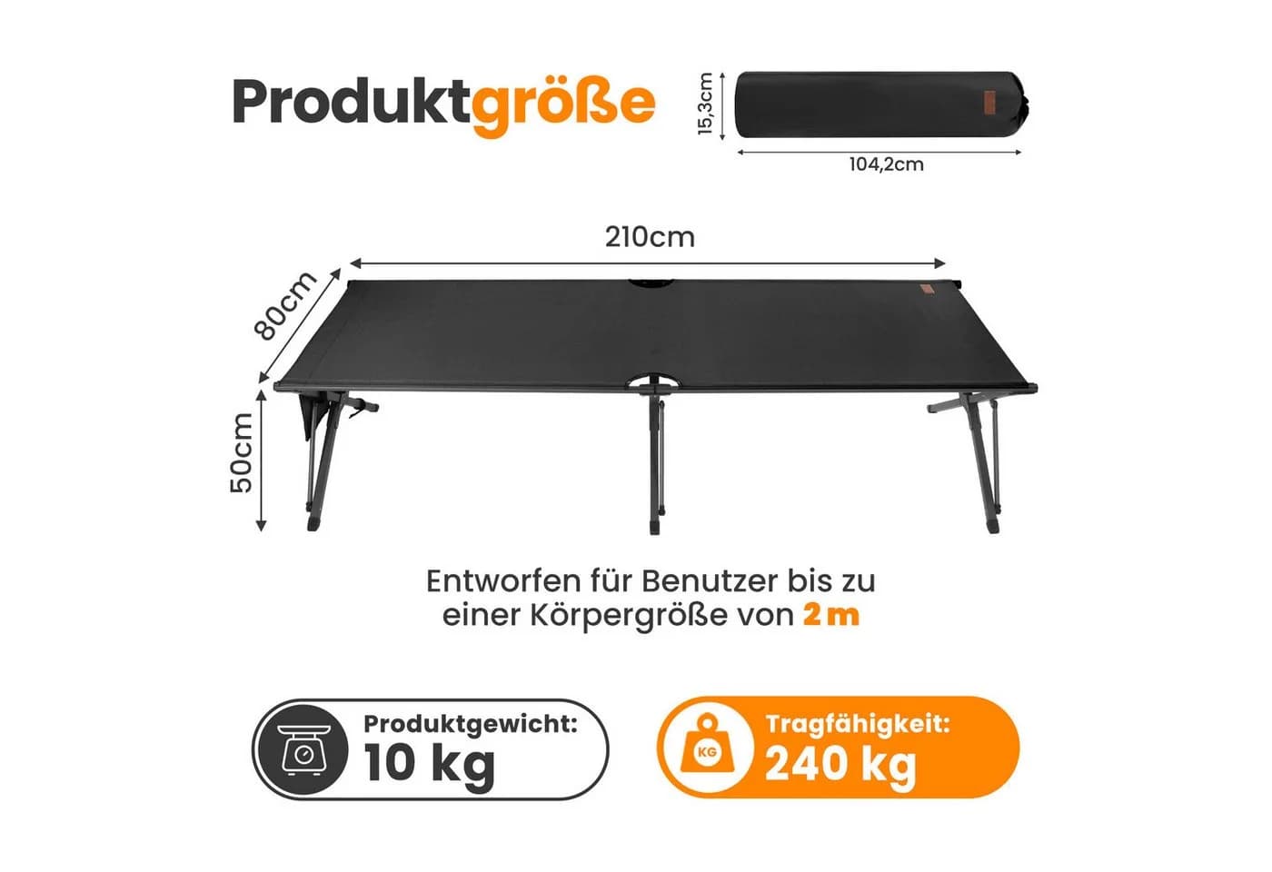HOMECALL Klappbett Camping 210x80 cm Schwarz 600D Oxford-Gewebe